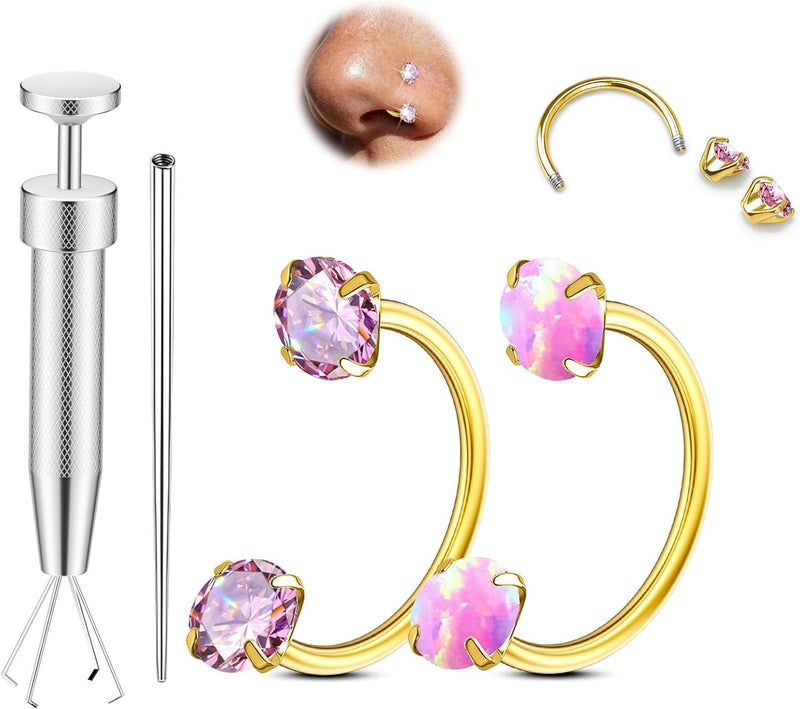 AMASIS Opal Nose Ring Studs Horseshoe Nose Rings Hoops Stud 316L Stainless Steel Nose Rings Round CZ Square Screw L Shaped Nose Stud Hypoallergenic Nostril Piercing Jewelry for Women Men - Image 1